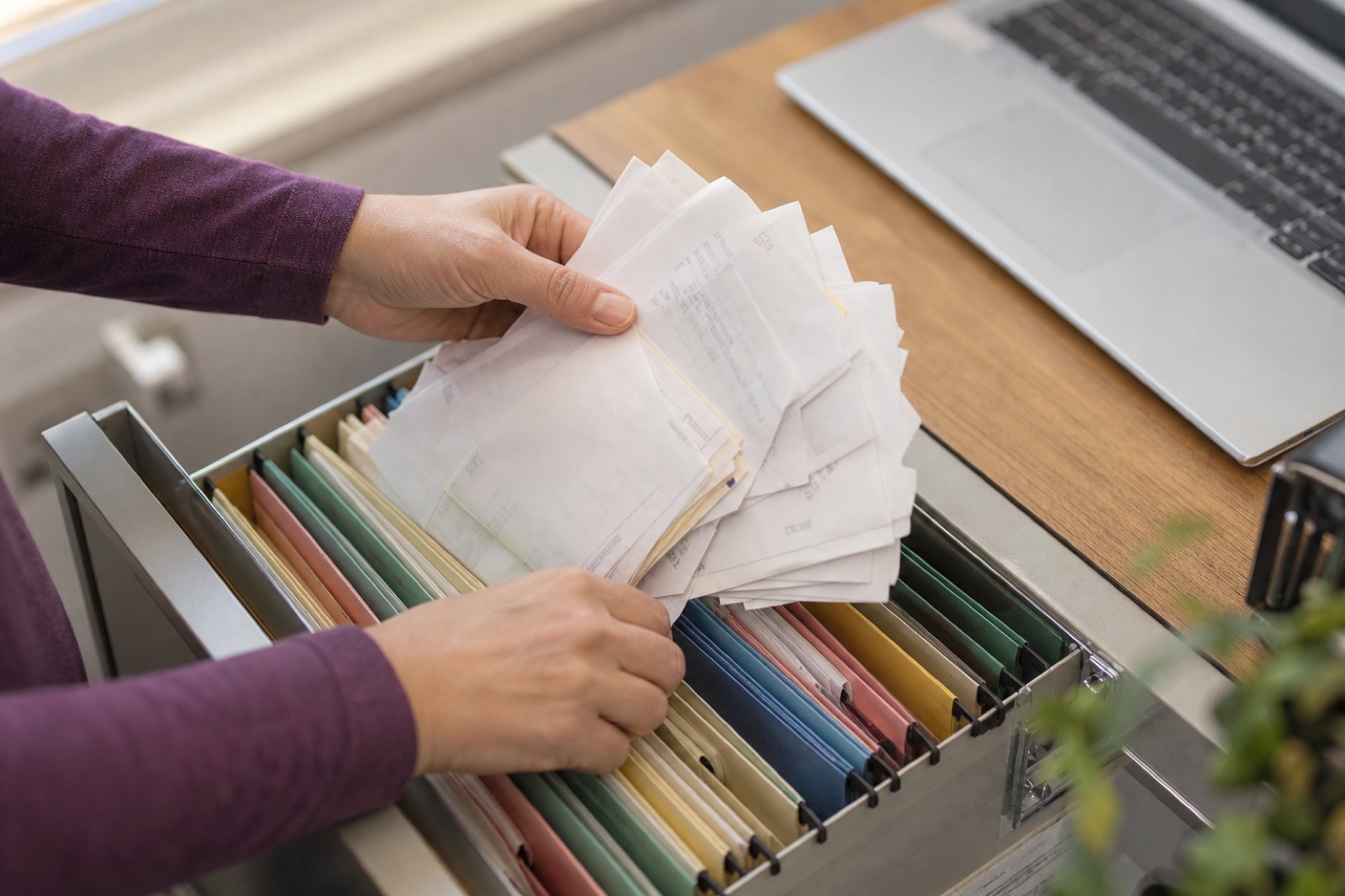 Hands sorting a stack of papers into hanging files
