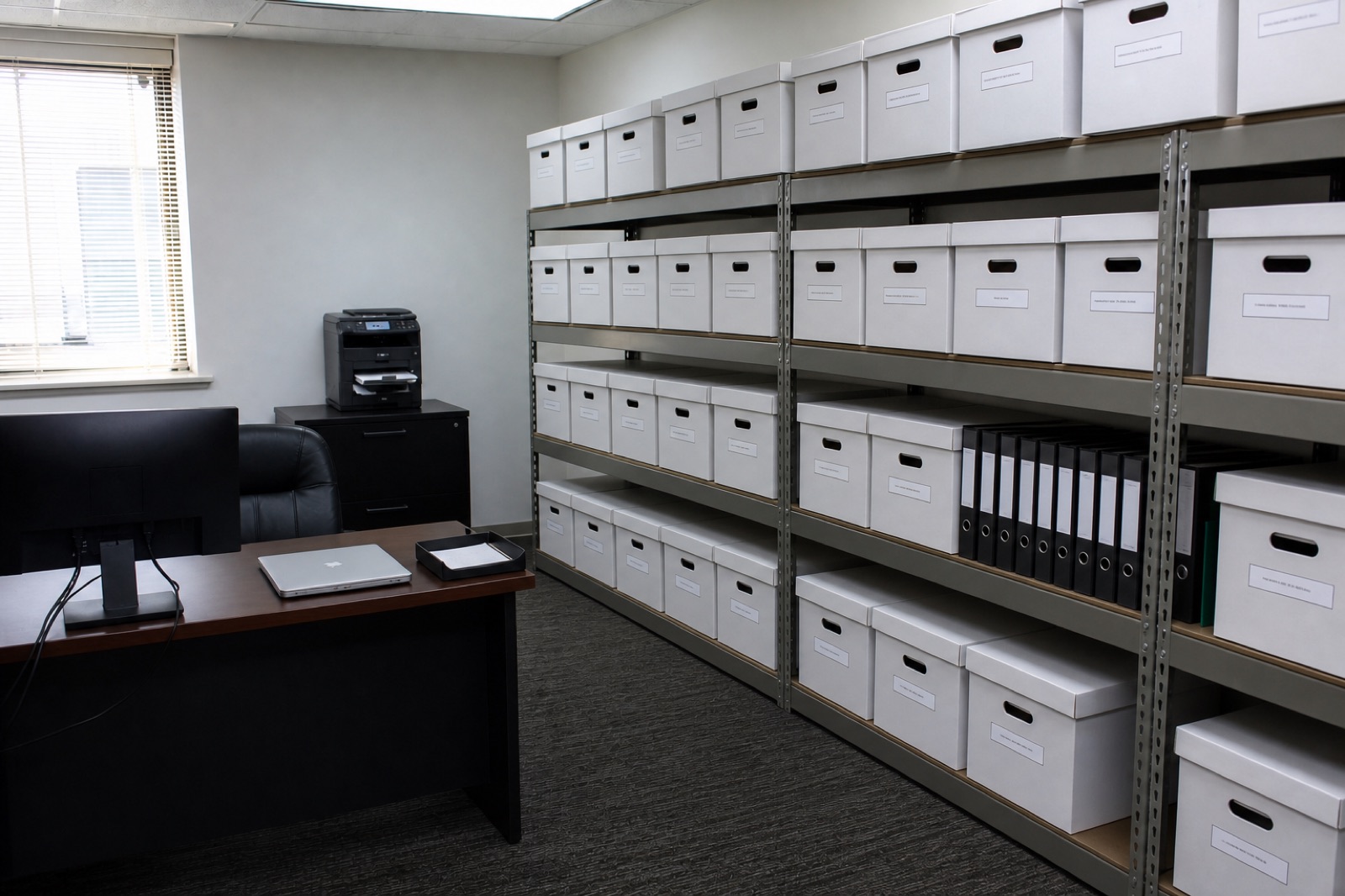 A back office with matching labeled file boxes on shelves and a clear desk