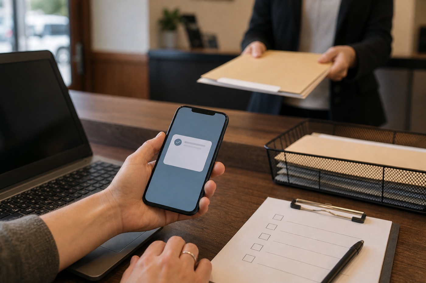 A hand holding a phone with a task notification at an office desk while a folder is handed over