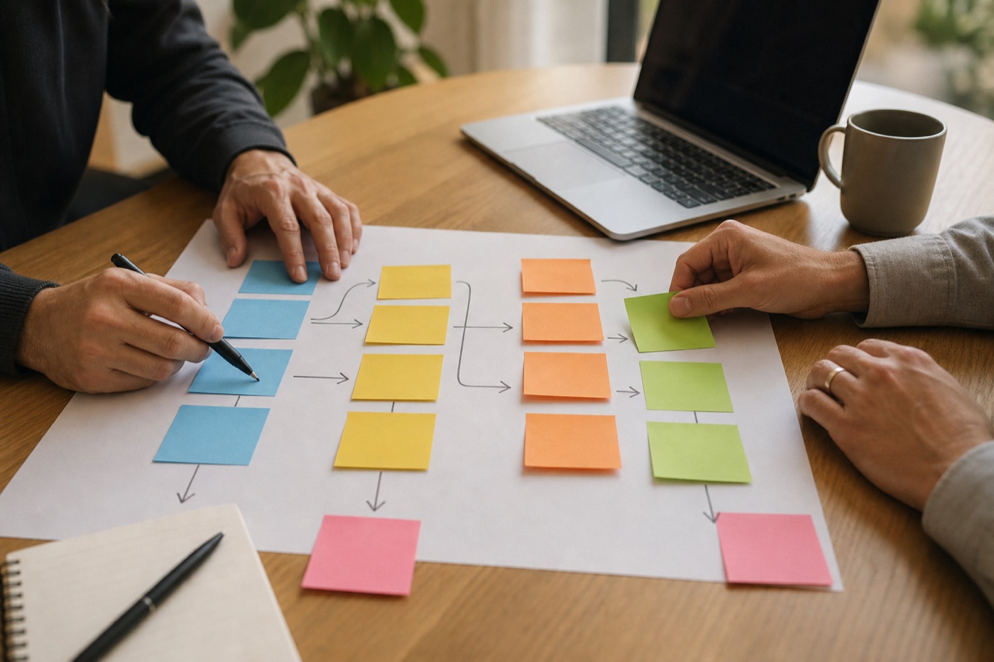 Two people mapping a workflow with colored sticky notes beside a laptop