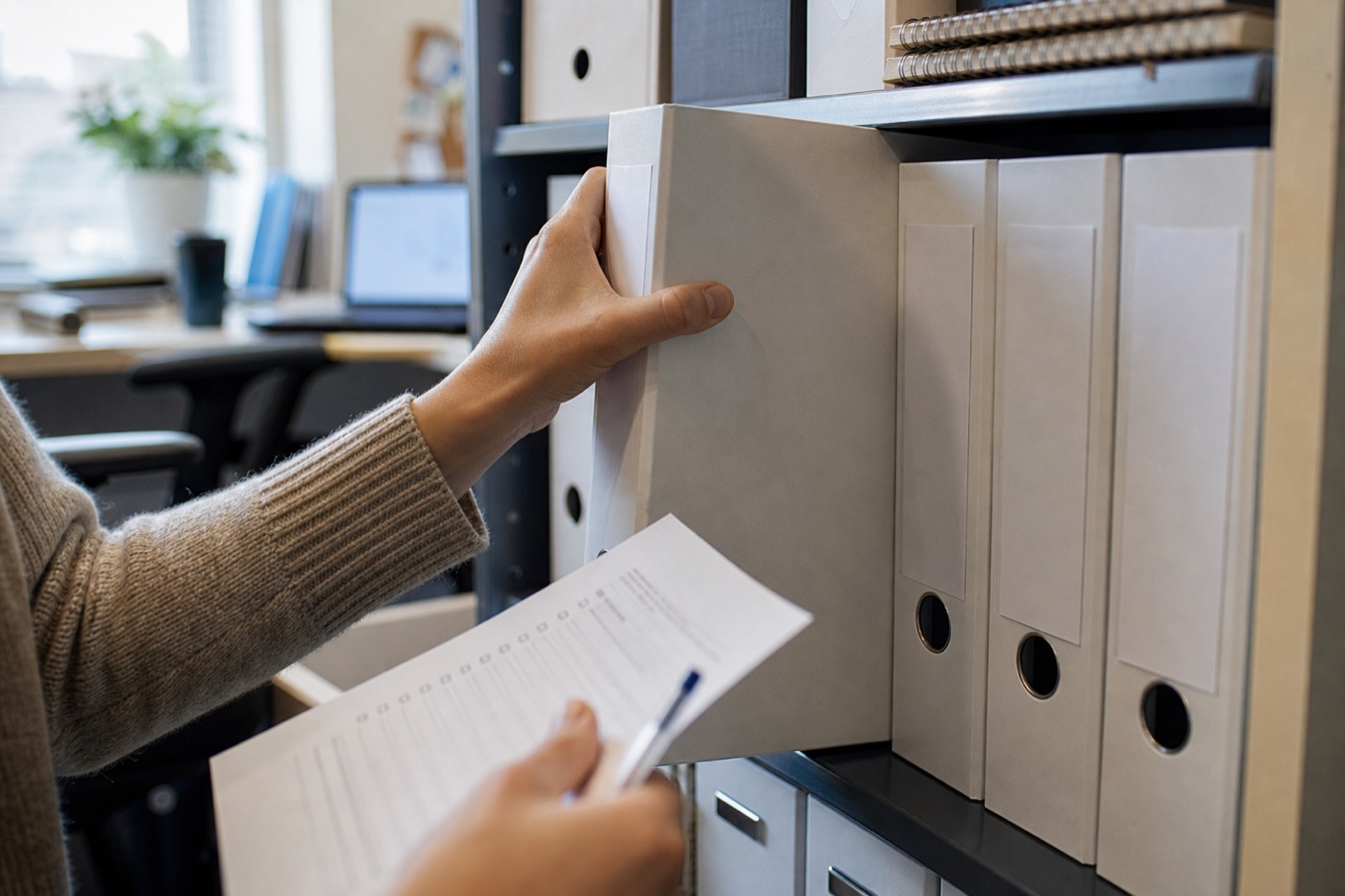 A hand returning a binder to a tidy row of labeled binders while holding a checklist